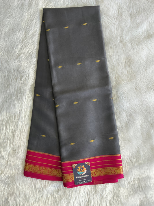 Gray Mysore Crepe Silk Saree with Silver Zari Border | Pure Handloom | Silk Mark Certified