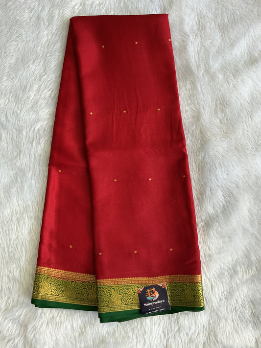 Red Mysore Crepe Silk Saree with Silver Zari Border | Pure Handloom | Silk Mark Certified