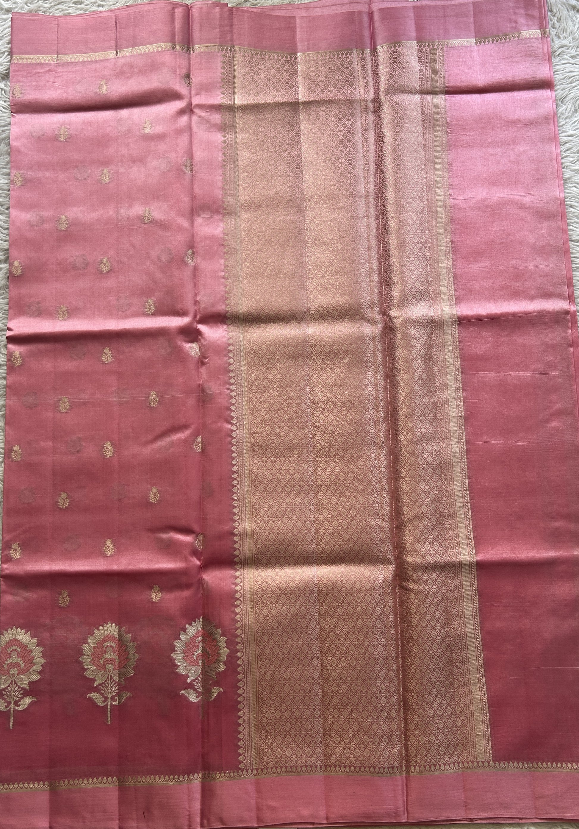 Chiniya Silk Saree Rose Pink Colored Elegantly Paired with a Plain Border. - Sampradaya Designer Studio