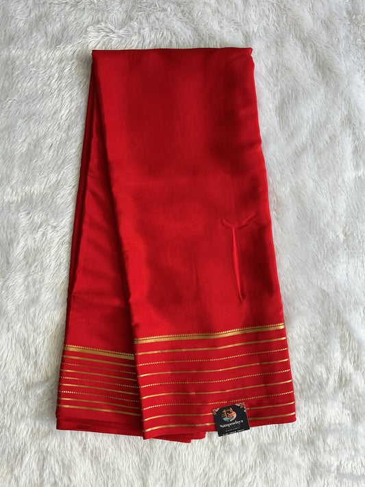 Red Mysore Crepe Silk Saree with Silver Zari Border | Pure Handloom | Silk Mark Certified