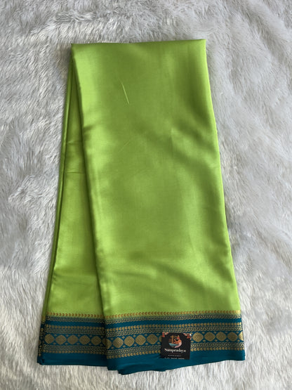 Sea Green Mysore Crepe Silk Saree with Silver Zari Border | Pure Handloom | Silk Mark Certified
