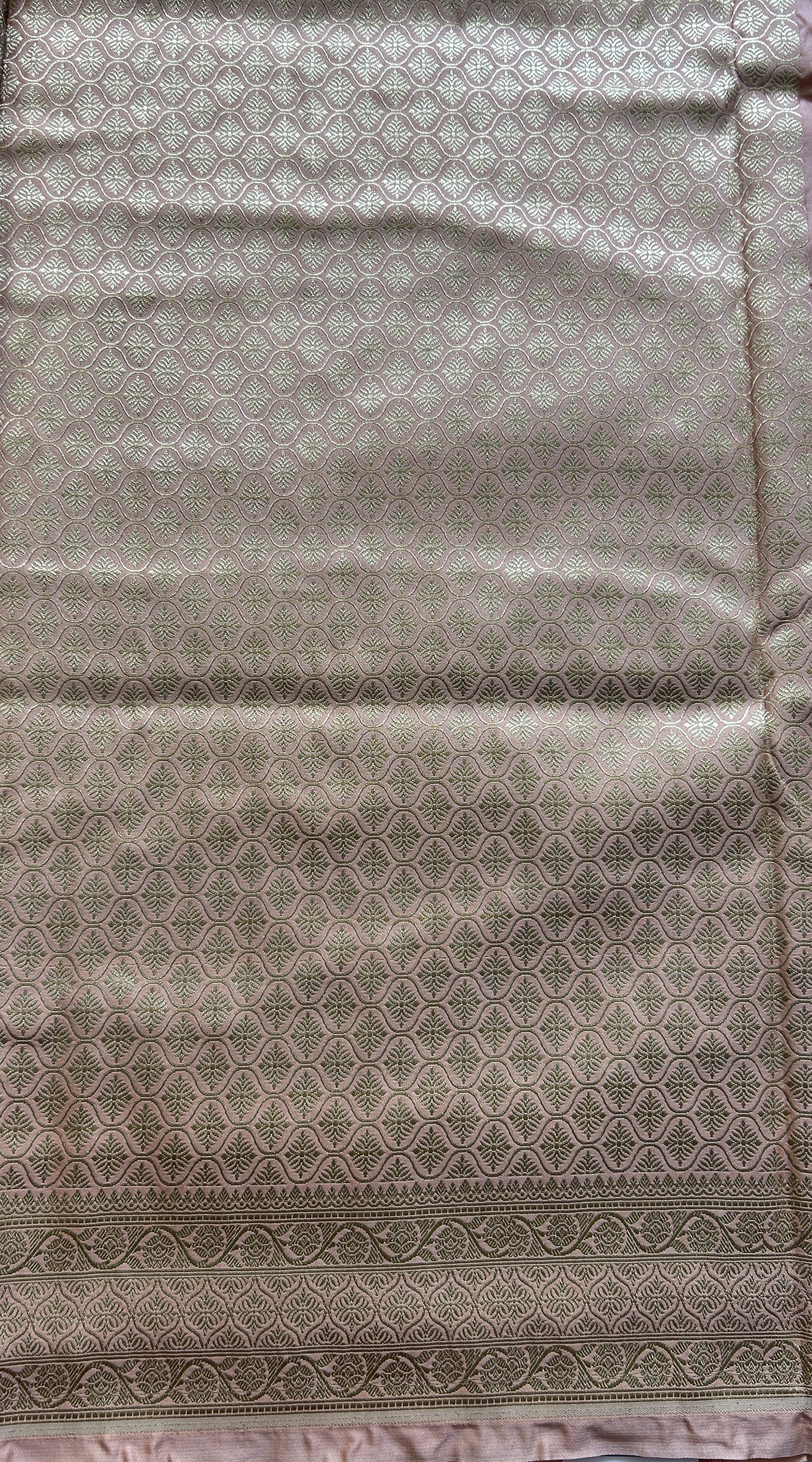 Chiniya Silk Saree Light Peach Colored Elegantly Paired with a Zari Border. - Sampradaya Designer Studio