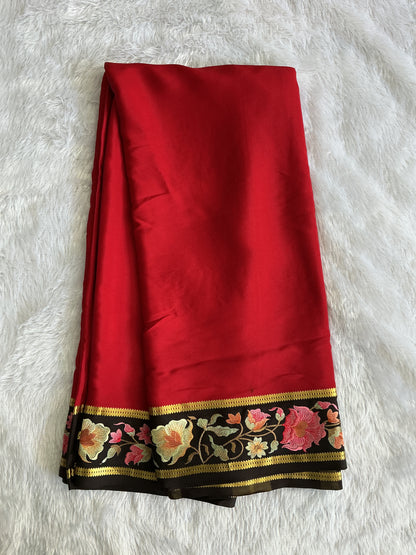 Maroon Mysore Crepe Silk Saree with Silver Zari Border | Pure Handloom | Silk Mark Certified