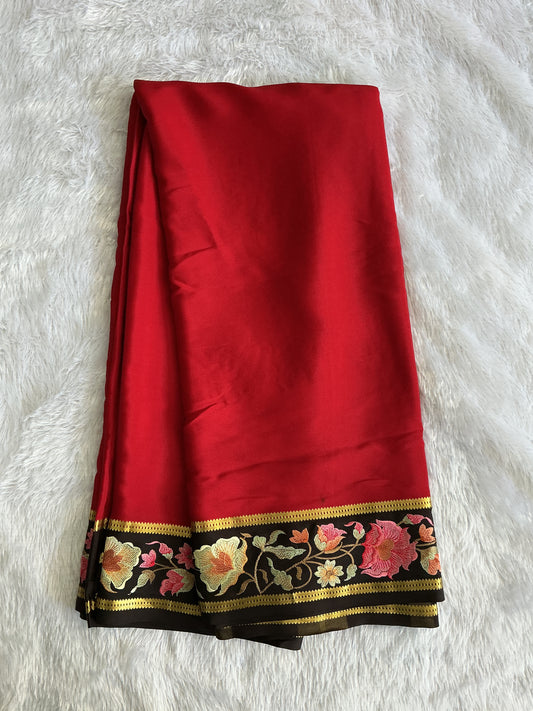 Maroon Mysore Crepe Silk Saree with Silver Zari Border | Pure Handloom | Silk Mark Certified