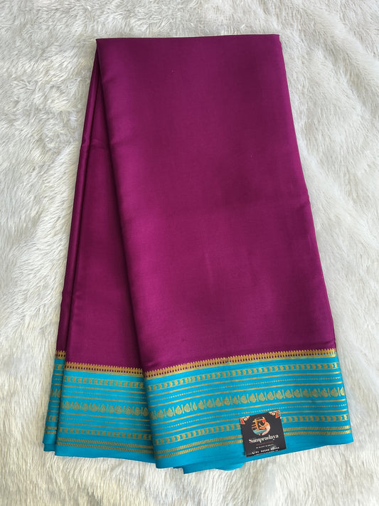 Violet Maroon Mysore Crepe Silk Saree with Silver Zari Border | Pure Handloom | Silk Mark Certified