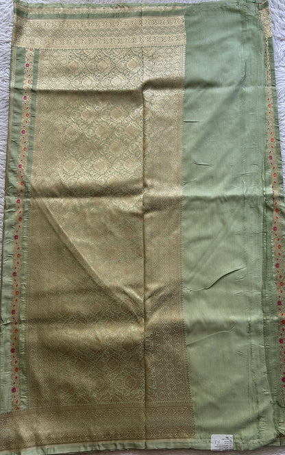 Chiniya Silk Saree Light Green Colored Elegantly Paired with a Zari Border. - Sampradaya Designer Studio