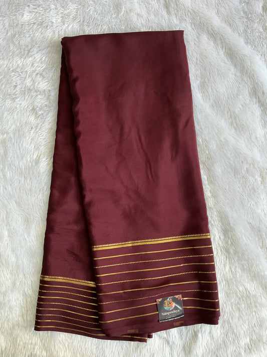 Brown Mysore Crepe Silk Saree with Silver Zari Border | Pure Handloom | Silk Mark Certified