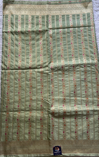 Chiniya Silk Saree Light Green Colored Elegantly Paired with a Zari Border. - Sampradaya Designer Studio