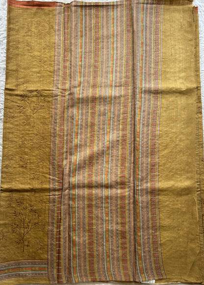 Pure Tussar Silk Saree Mustard Color Complemented with a Printed Border. - Sampradaya Designer Studio