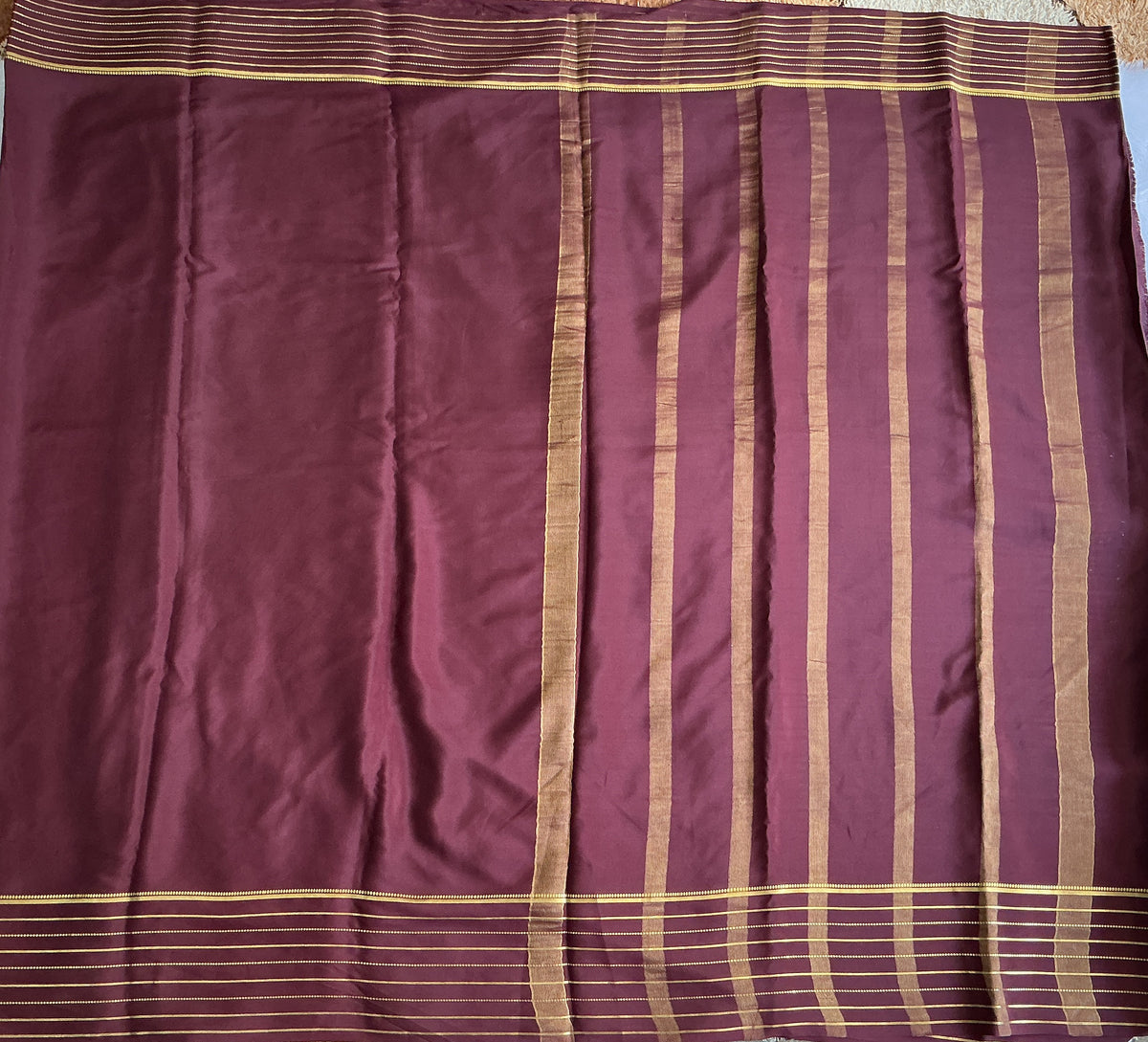 Brown Mysore Crepe Silk Saree with Silver Zari Border | Pure Handloom | Silk Mark Certified