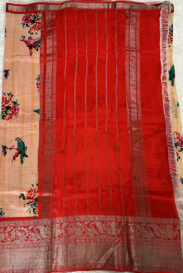 Mangalagiri Pattu Digital Print Saree Light Peach colored Saree complemented with a Red Colored Mangalagiri Border - Sampradaya Designer Studio