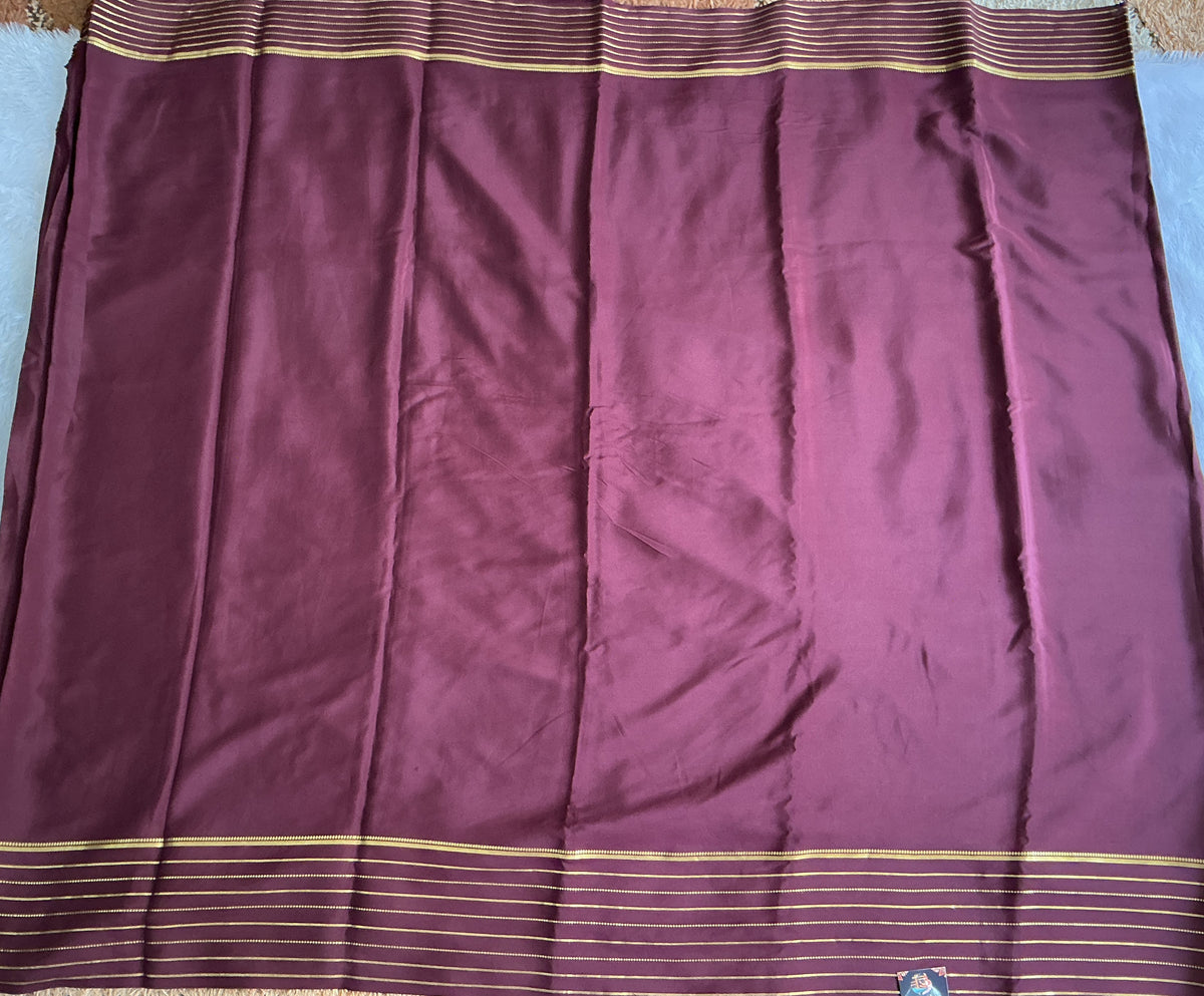 Brown Mysore Crepe Silk Saree with Silver Zari Border | Pure Handloom | Silk Mark Certified
