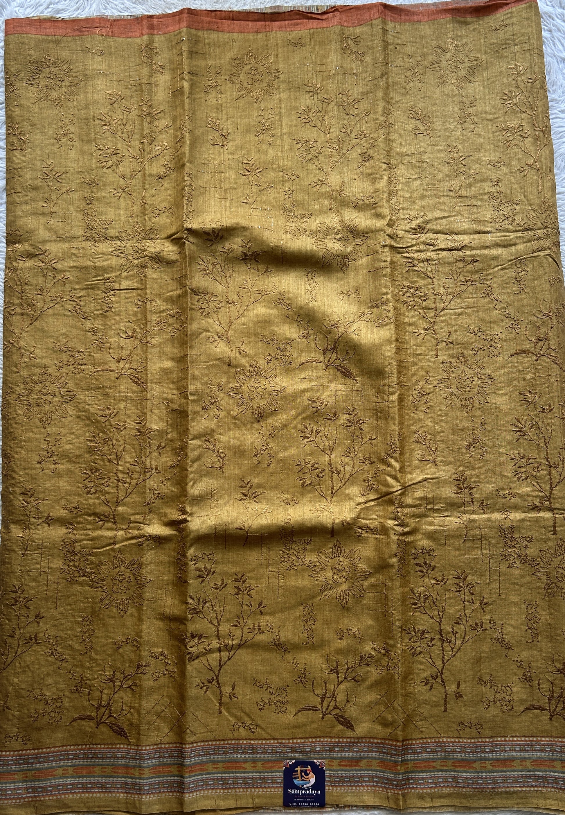 Pure Tussar Silk Saree Mustard Color Complemented with a Printed Border. - Sampradaya Designer Studio