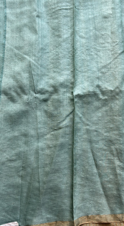 Pure Tussar Silk Saree Ocean Blue Color Complemented with a Zari Border. - Sampradaya Designer Studio