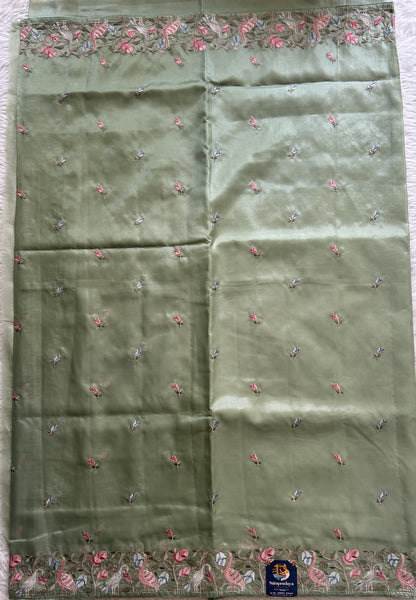 Inox Silk Saree Parrot Green Colored Complemented with a Machine Embroidery Border. - Sampradaya Designer Studio