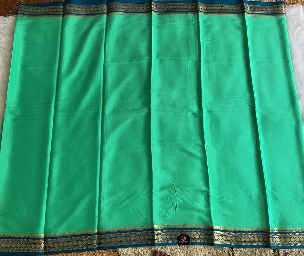 Sea Green  Mysore Crepe Silk Saree with Silver Zari Border | Pure Handloom | Silk Mark Certified
