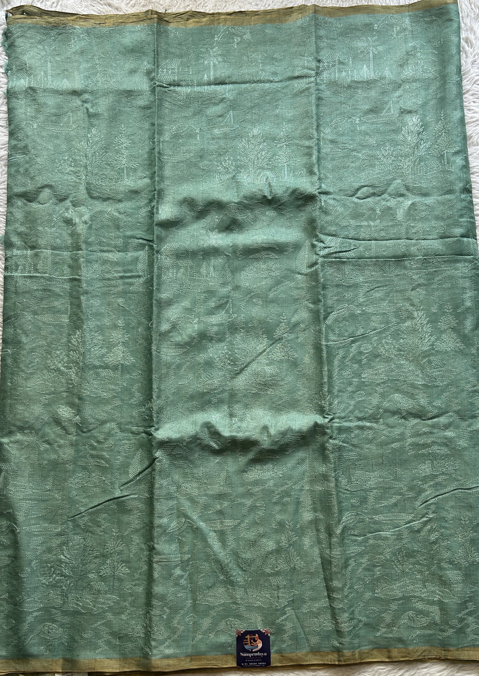 Pure Tussar Silk Saree Ocean Blue Color Complemented with a Zari Border. - Sampradaya Designer Studio