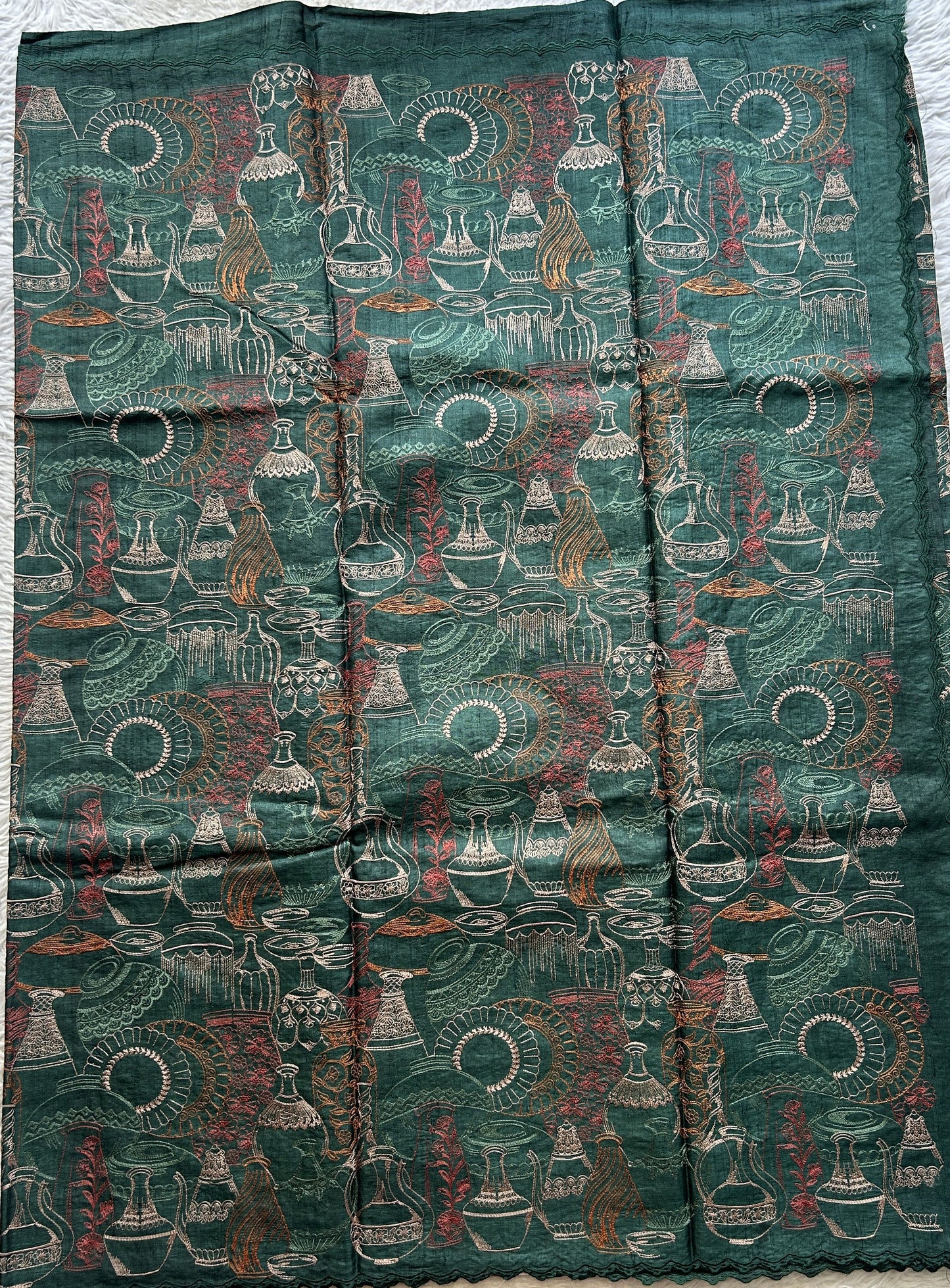 Pure Tussar Silk Saree Bottle Green Color Complemented with a Scallop Border. - Sampradaya Designer Studio