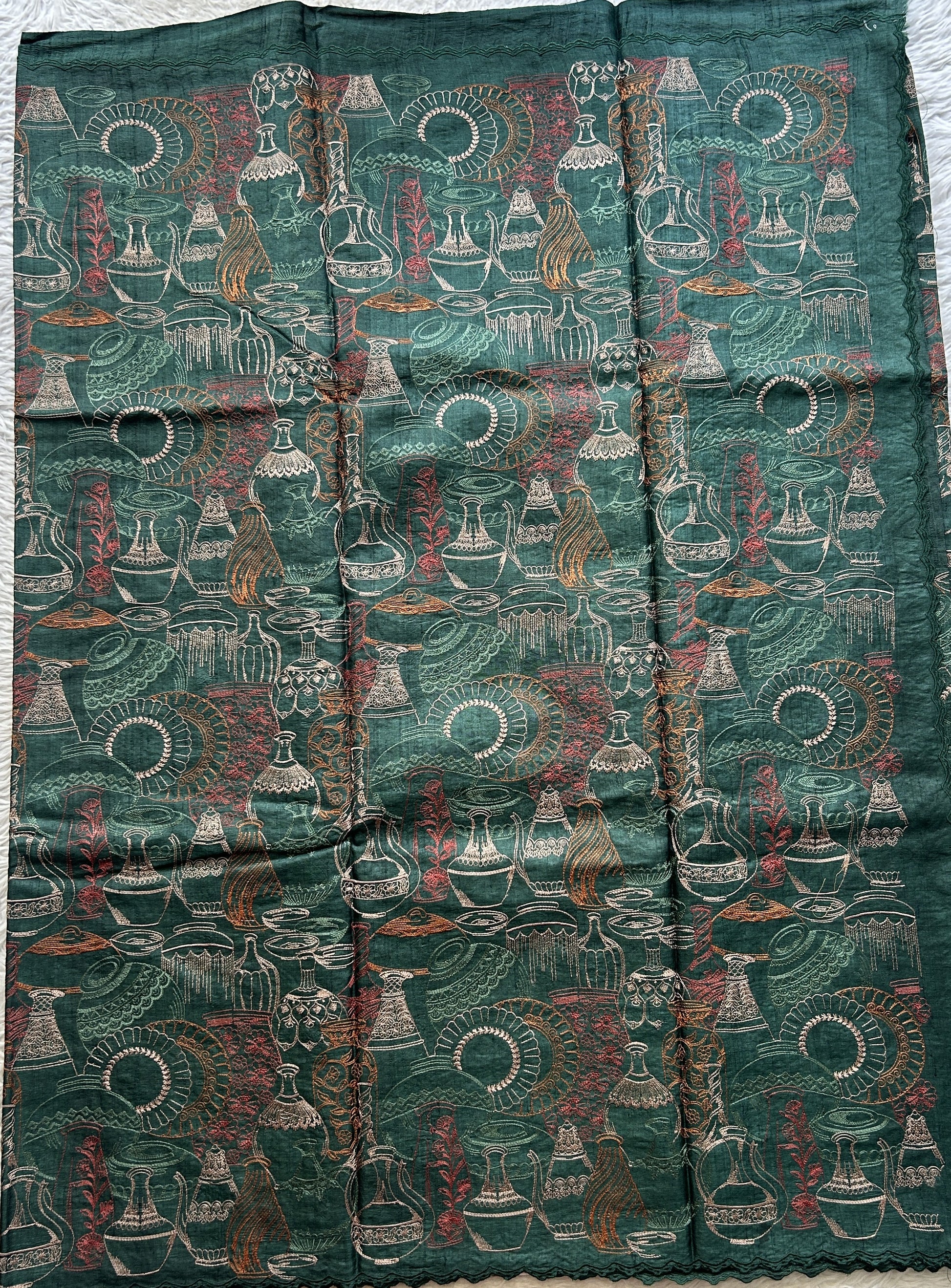 Pure Tussar Silk Saree Bottle Green Color Complemented with a Scallop Border. - Sampradaya Designer Studio