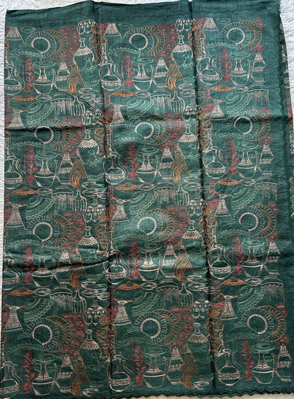 Pure Tussar Silk Saree Bottle Green Color Complemented with a Scallop Border. - Sampradaya Designer Studio