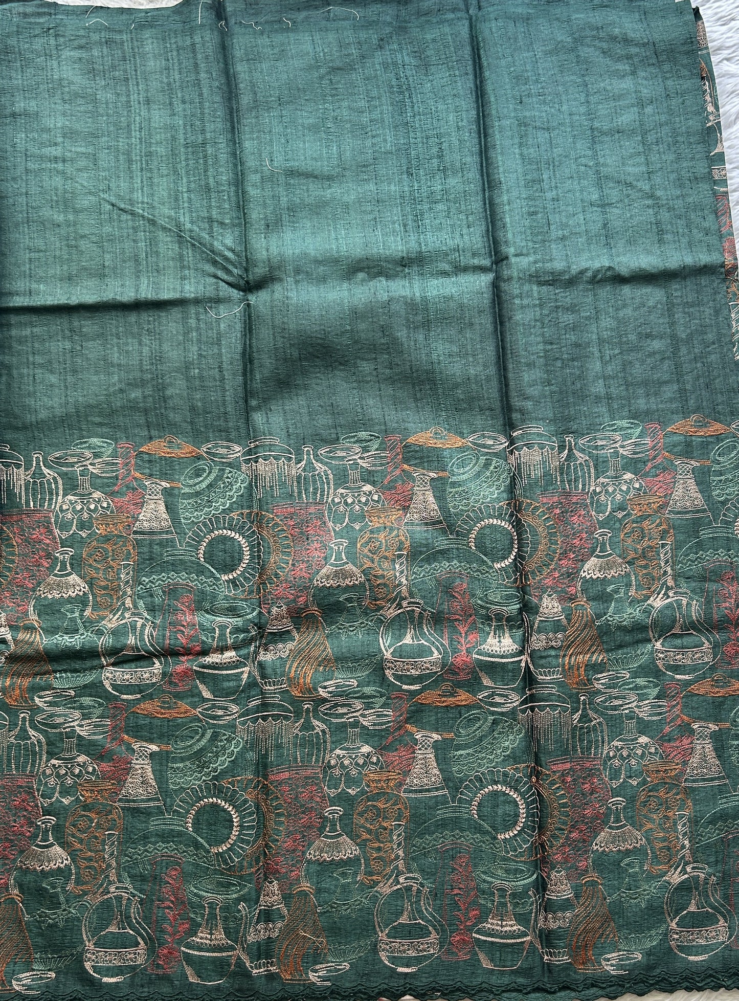 Pure Tussar Silk Saree Bottle Green Color Complemented with a Scallop Border. - Sampradaya Designer Studio
