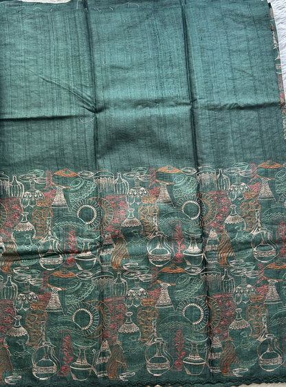 Pure Tussar Silk Saree Bottle Green Color Complemented with a Scallop Border. - Sampradaya Designer Studio