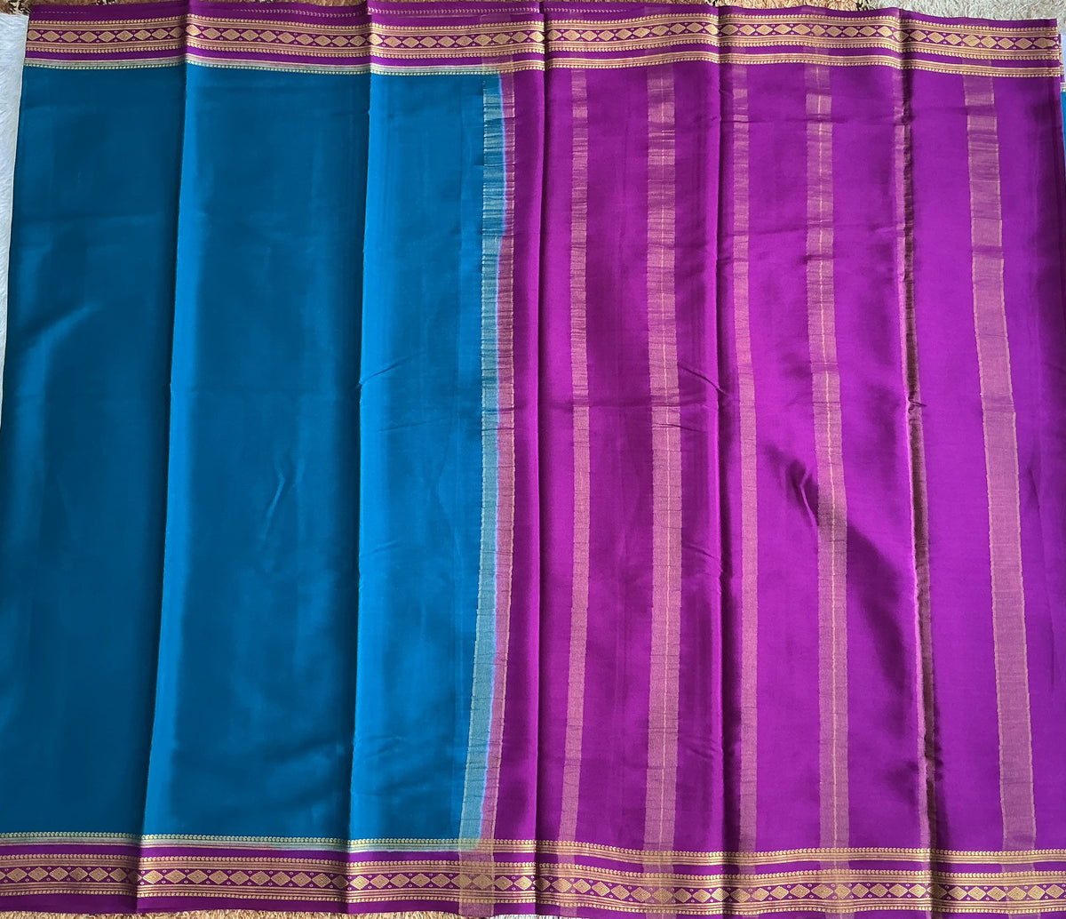 Teal Blue Mysore Crepe Silk Saree with Silver Zari Border | Pure Handloom | Silk Mark Certified