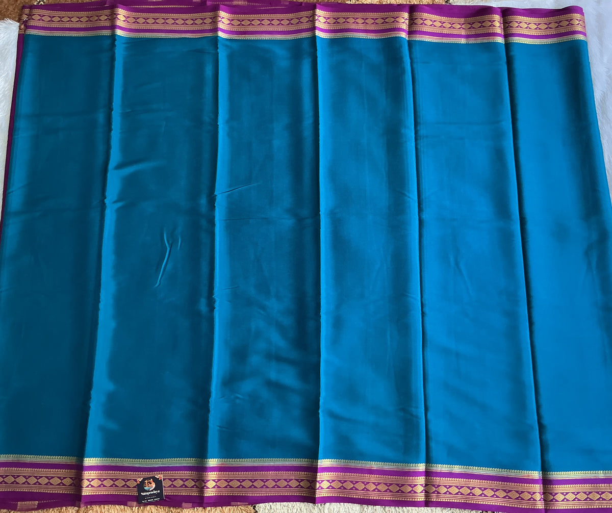 Teal Blue Mysore Crepe Silk Saree with Silver Zari Border | Pure Handloom | Silk Mark Certified