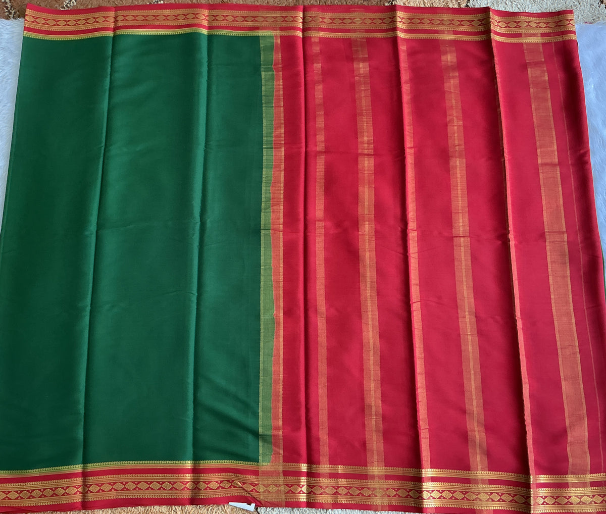 Bottle Green Mysore Crepe Silk Saree with Silver Zari Border | Pure Handloom | Silk Mark Certified