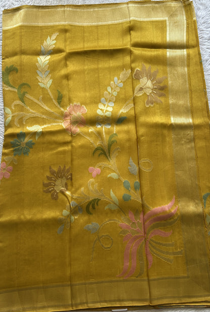 Banarasi Tussar Georgette Saree Yellow Colored Complemented Zari Border. - Sampradaya Designer Studio