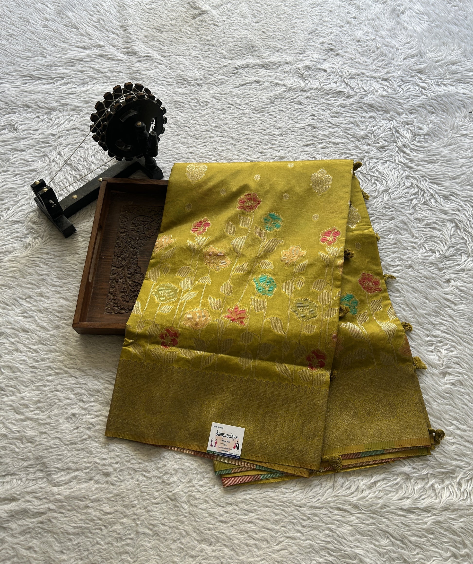 Semi Raw Silk Saree Mustard Green Colored Elegantly Paired with a Zari Border. - Sampradaya Designer Studio