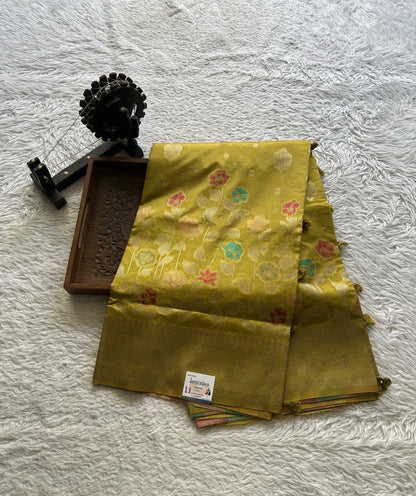 Semi Raw Silk Saree Mustard Green Colored Elegantly Paired with a Zari Border. - Sampradaya Designer Studio