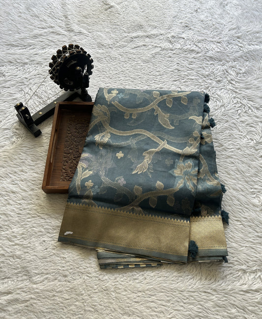 Semi Raw Silk Tissue Saree Grayish Blue Colored Elegantly Paired with a Zari Border. - Sampradaya Designer Studio