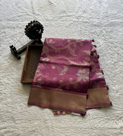 Semi Raw Silk Tissue Saree Magenta Colored Elegantly Paired with a Zari Border. - Sampradaya Designer Studio