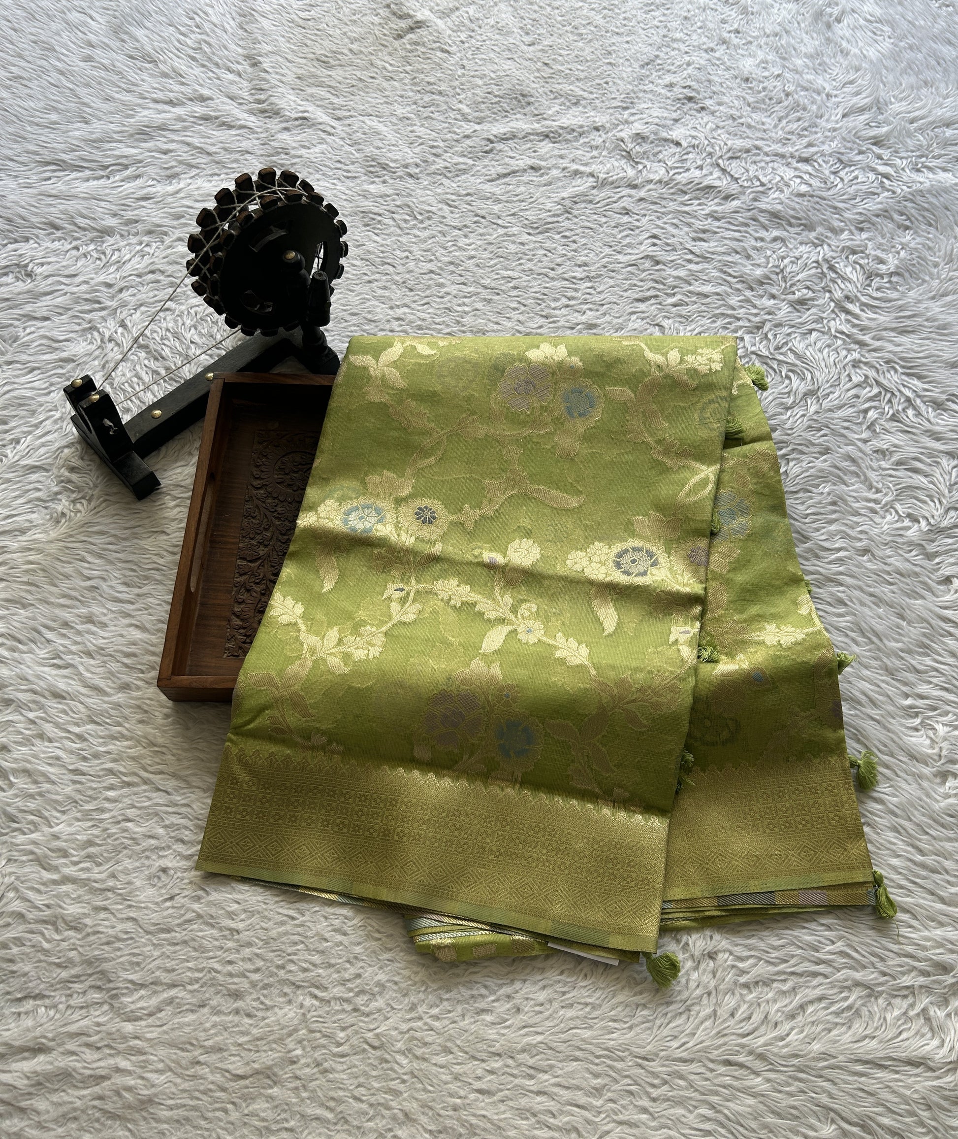 Semi Raw Silk Tissue Saree Light Green Colored Elegantly Paired with a Zari Border. - Sampradaya Designer Studio
