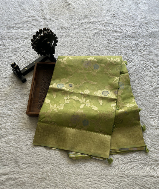 Semi Raw Silk Tissue Saree Light Green Colored Elegantly Paired with a Zari Border. - Sampradaya Designer Studio