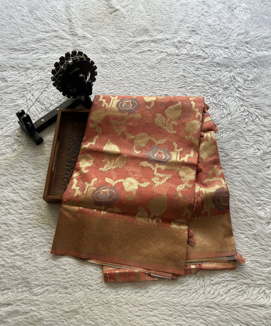 Semi Raw Silk Tissue Saree Dark Peach Colored Elegantly Paired with a Zari Border. - Sampradaya Designer Studio
