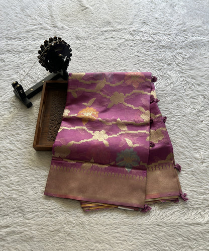Semi Raw Silk Tissue Saree Baby Pink Colored Elegantly Paired with a Zari Border. - Sampradaya Designer Studio