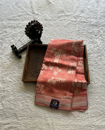 Maheshwari Chanderi Cotton Saree Peach Colored Elegantly Paired with a Zari Border. - Sampradaya Designer Studio