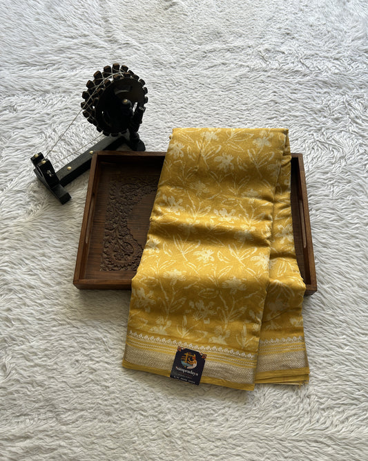 Maheshwari Chanderi Cotton Saree Yellow Colored Exquisite with a Zari Border. - Sampradaya Designer Studio