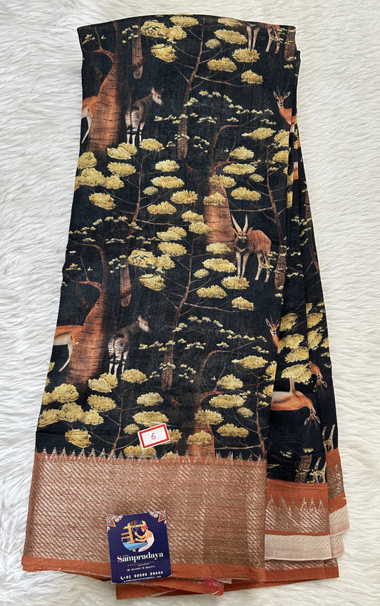 Mangalagiri Pattu Digital Print Saree Black colored Saree complemented with a Tan Brown Colored Mangalagiri Border - Sampradaya Designer Studio