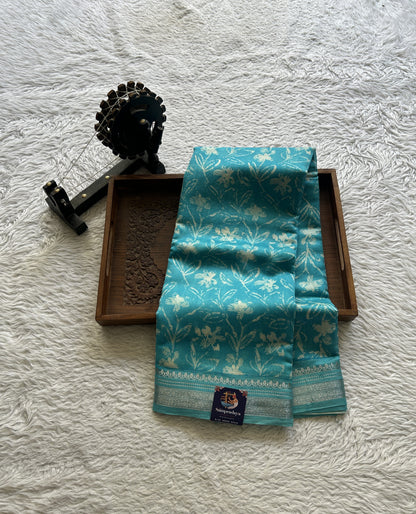 Maheshwari Chanderi Cotton Saree Blue Colored Exquisite with a Zari Border. - Sampradaya Designer Studio