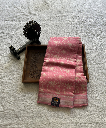 Maheshwari Chanderi Cotton Saree Pink Colored Elegantly Paired with a Zari Border. - Sampradaya Designer Studio