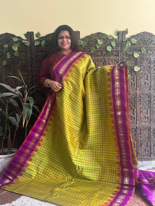Gadwal Silk Saree Light Neon Green Colored Complemented With a Purple Zari Border - Sampradaya Designer Studio
