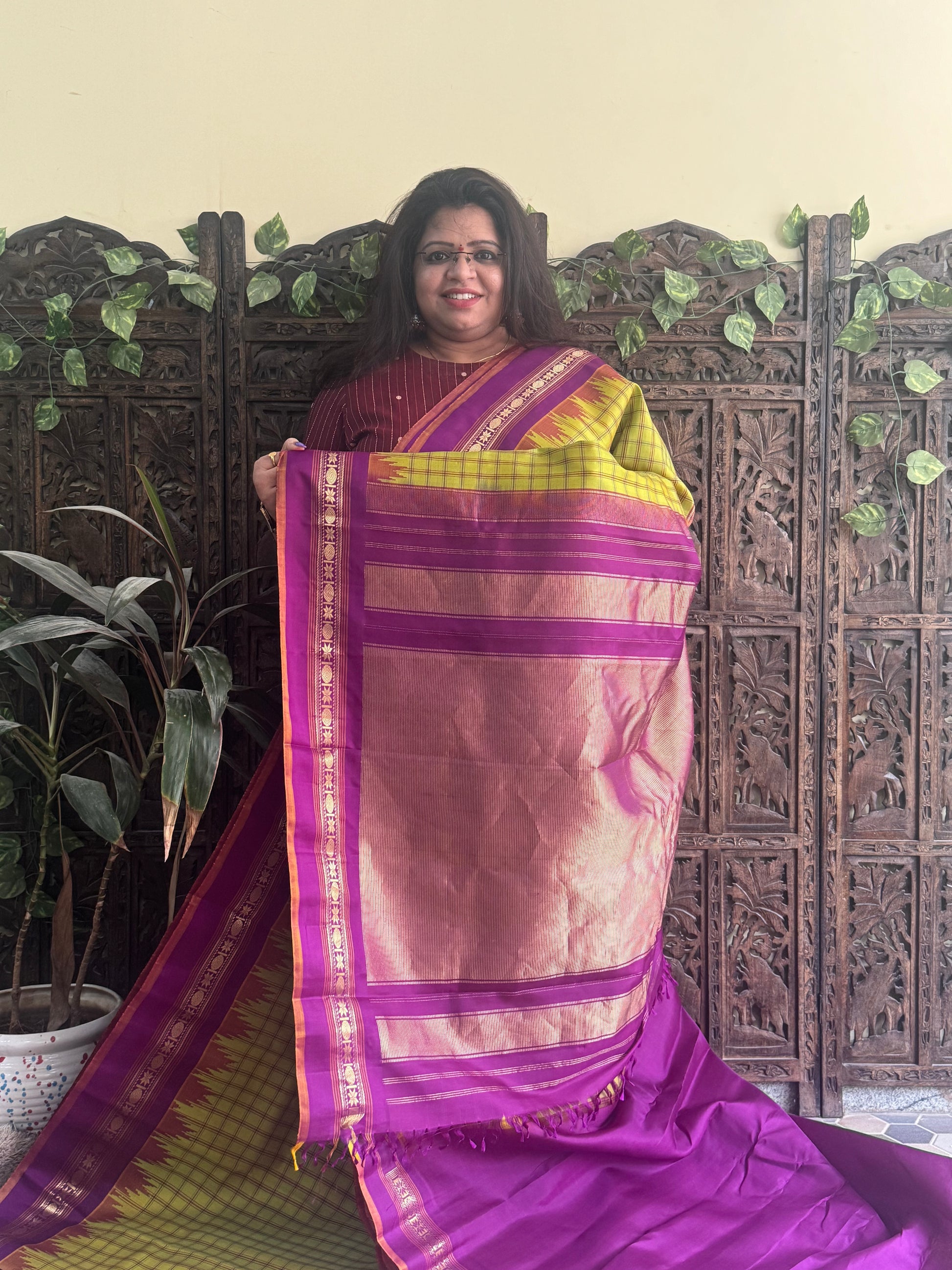 Gadwal Silk Saree Light Neon Green Colored Complemented With a Purple Zari Border - Sampradaya Designer Studio