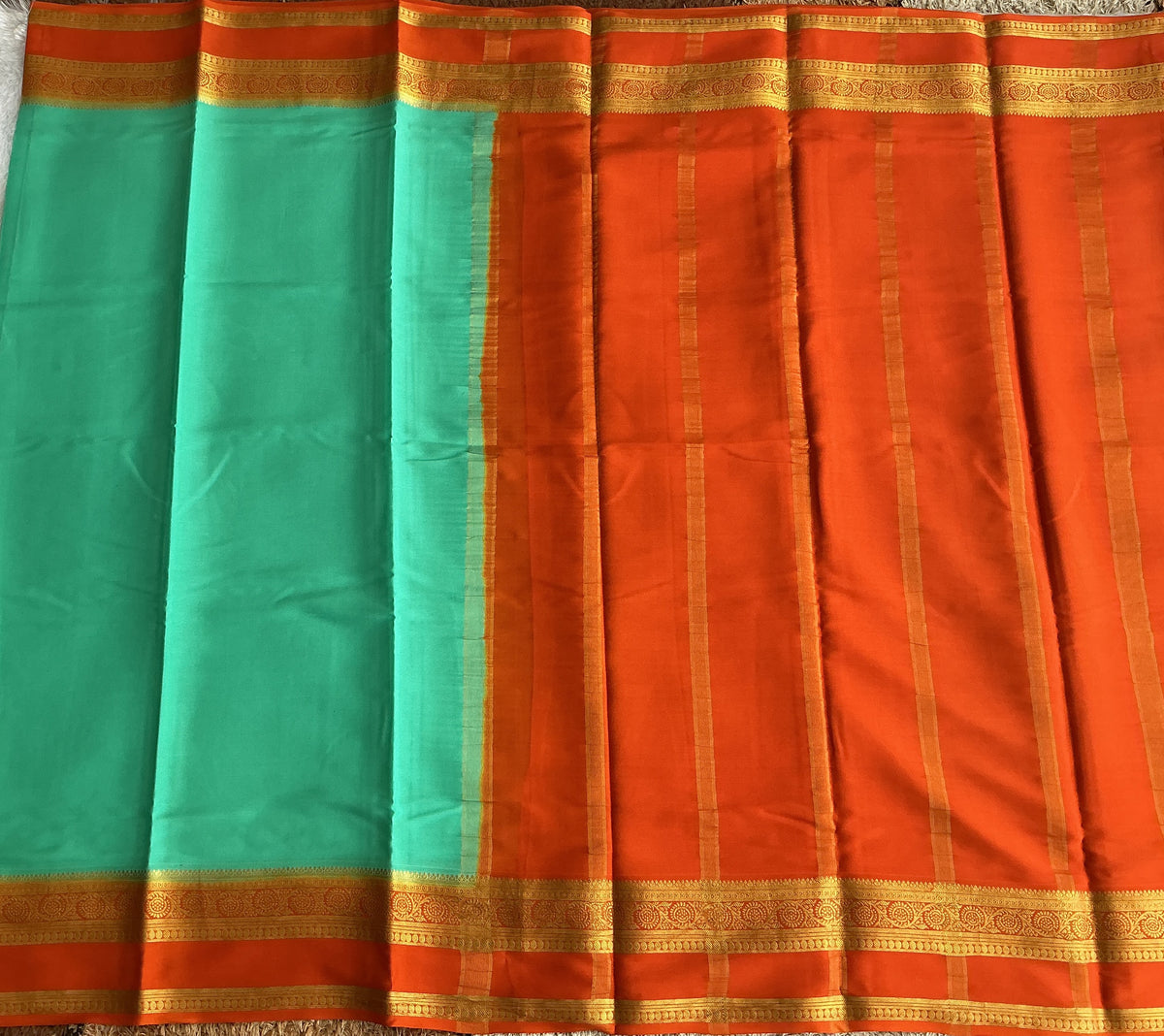 Sea Green Maroon Mysore Crepe Silk Saree with Silver Zari Border | Pure Handloom | Silk Mark Certified