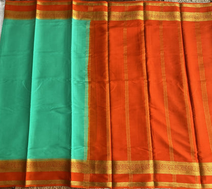 Sea Green Maroon Mysore Crepe Silk Saree with Silver Zari Border | Pure Handloom | Silk Mark Certified