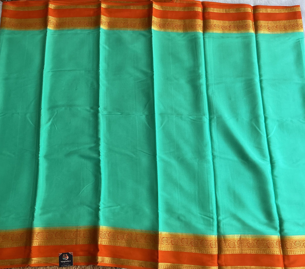 Sea Green Maroon Mysore Crepe Silk Saree with Silver Zari Border | Pure Handloom | Silk Mark Certified