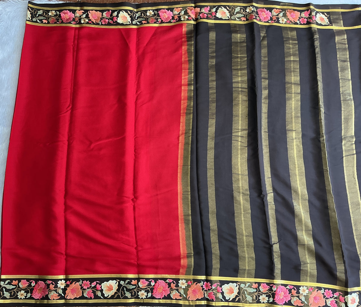 Maroon Mysore Crepe Silk Saree with Silver Zari Border | Pure Handloom | Silk Mark Certified