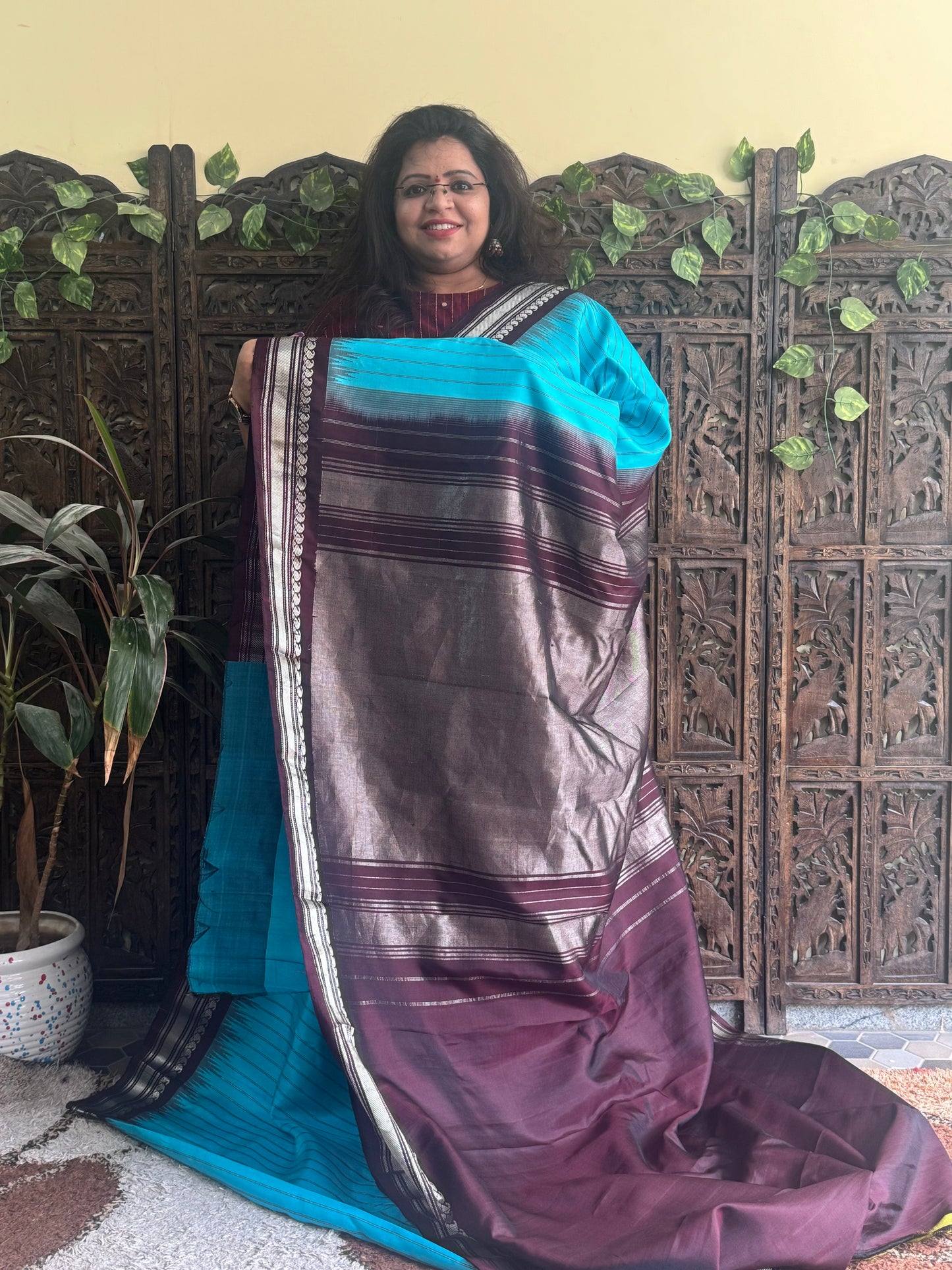 Gadwal Silk Saree Sky Blue Colored Complemented With a Brown Zari Border - Sampradaya Designer Studio